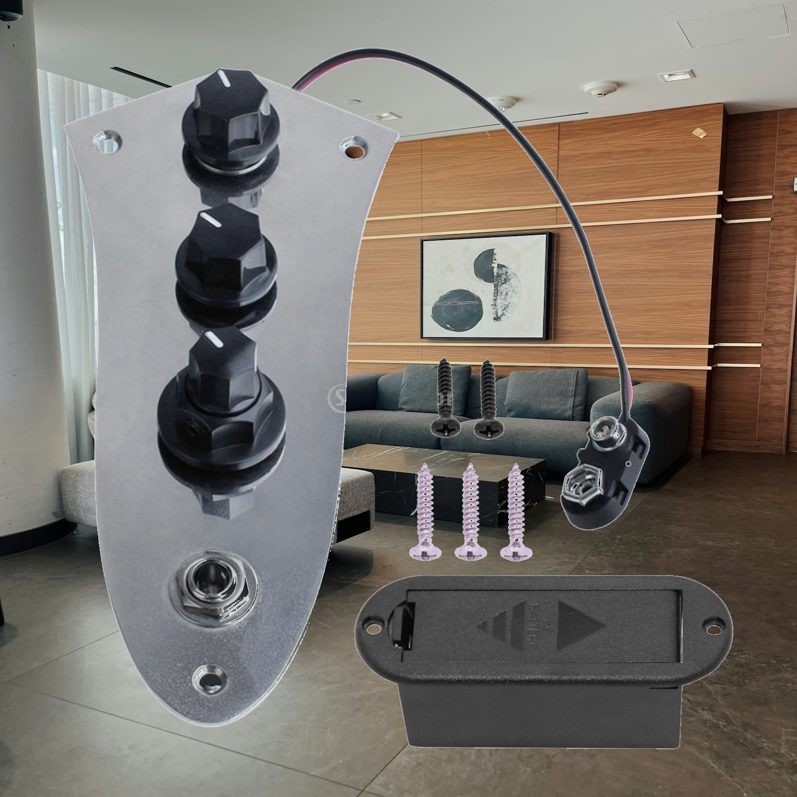 Volume Control Board - ジャズベース用、2バンドEQ、ボリューム、バランス調整ノブ付きのアクティブ・プリアンプ回路基板コントロールプレート