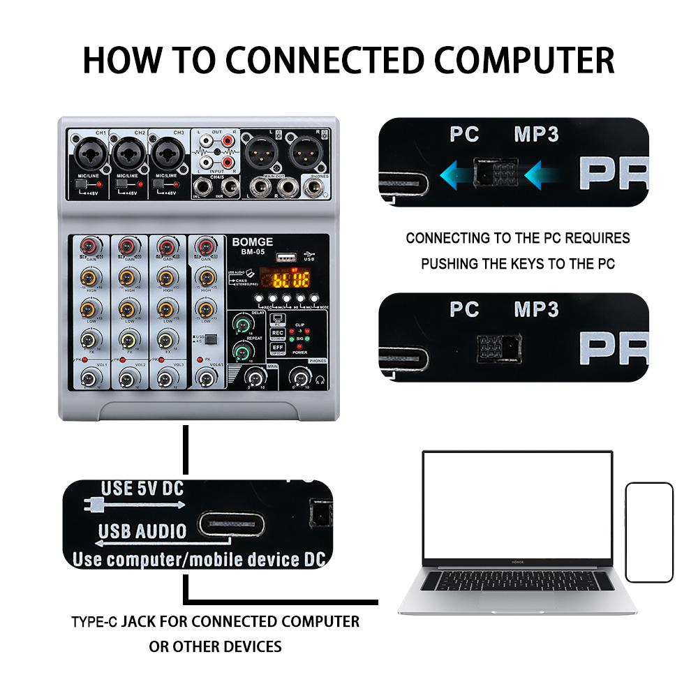 BOMGE 5チャンネル オーディオミキサー ポータブルDJ - Audio Interface のレビューと価格